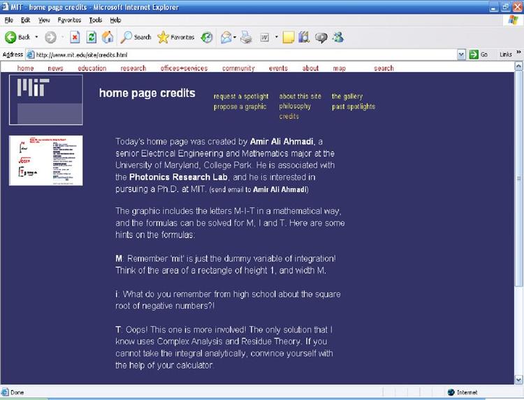 Screenshot of 2005 MIT Math Spotlight Web Site Credits